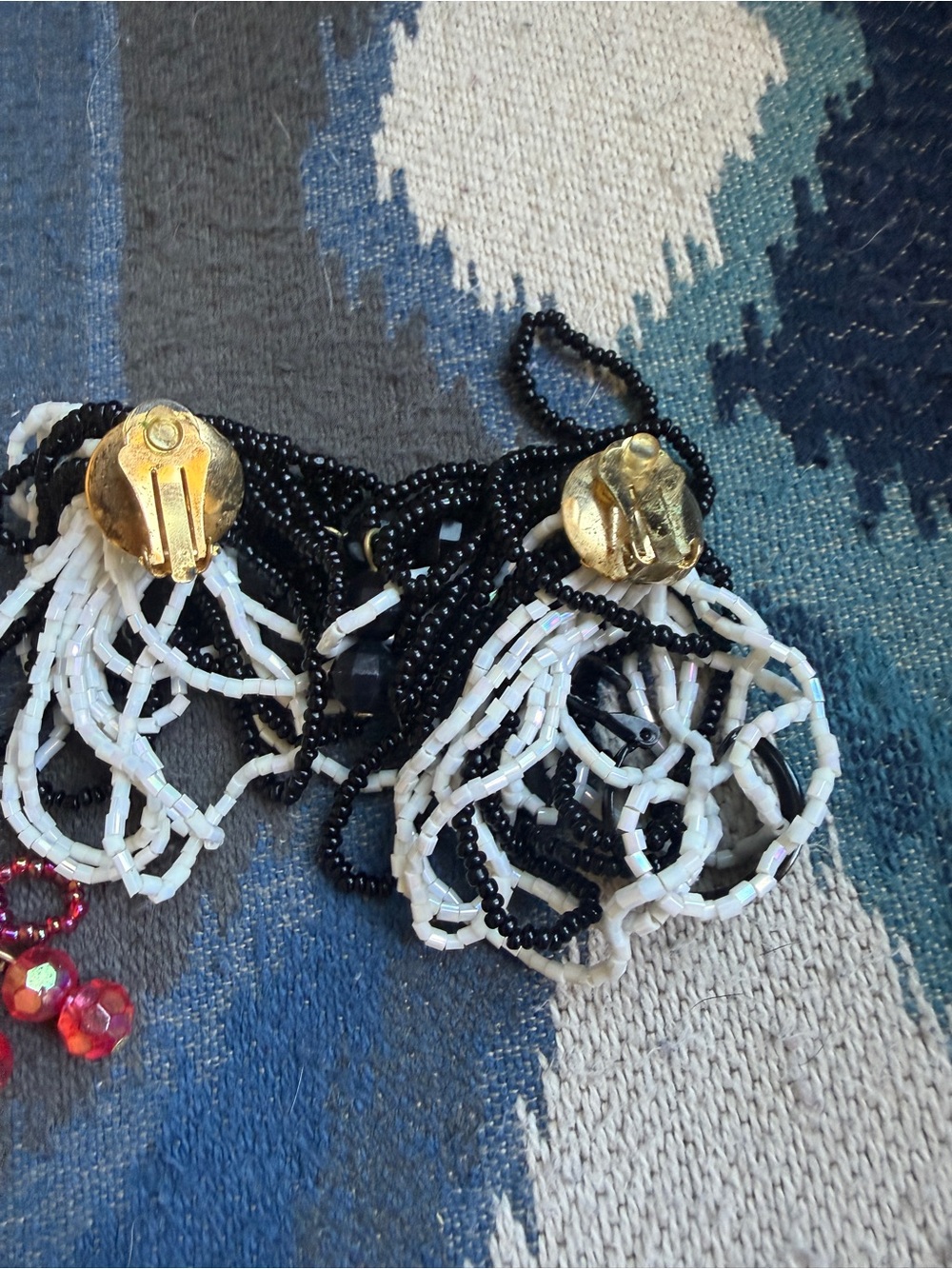Vintage costume Beaded Fringe Earrings - Red, Black/White, Royal Blue - Picture 8 of 9
